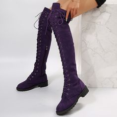 Category:Boots; Upper Materials:PU; Embellishment:Lace-up; Season:Fall,Winter; Heel Type:Low Heel; Gender:Women's; Toe Shape:Round Toe; Type:Over The Knee Boots,Crotch High Boots,Thigh High Boots; Style:Casual,Industrial Style; Heel Height(inch):<1; Outsole Materials:Non-Slip Tread,Rubber; Occasion:Daily,Outdoor; Closure Type:Lace-up; Listing Date:09/27/2022; Production mode:External procurement; 2024 Trends:Plus Size,Lace Up Boots; Foot Length:; Foot Width:; Size chart date source:Provided by S