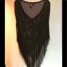 Women's Silky Knit Crochet Poncho Never Worn Black Bohemian Poncho For Summer, Bohemian Black Summer Poncho, Summer Bohemian Black Poncho, Black Poncho For Vacation, Casual Black Summer Poncho, Black Bohemian Crochet Poncho, Black Knitted Poncho One Size, Black Knitted One-size Poncho, Black One Size Poncho For Beach