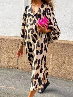 Women's A Line Dress Knee Length Dress Leopard 3/4 Length Sleeve Leopard Split Fall Winter V Neck Casual Lantern Sleeve 2022 S M L XL XXL 9094772 2022 – $22.99 Leopard Print Maxi Dress Long, Boho Chique, Elegant Party Dresses, Lantern Sleeve Dress, Printed Long Dresses, Elegant Party, Vestido Casual, Mid Length Dresses, Lantern Sleeve