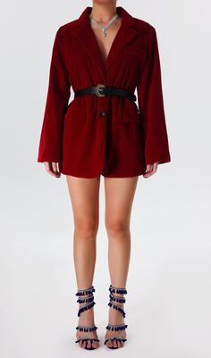 RED VELVET BLAZER WITH BELT Chic Fall Belts, Trendy Fall Belts For Workwear, Trendy Fall Workwear Belts, Trendy Belts For Workwear In Fall, Chic Belts For Fall Parties, Chic Fall Party Belts, Chic Party Belts For Fall, Velvet Blazer Dress, Red Velvet Blazer