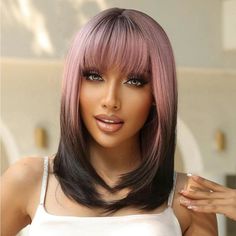 Creative Hair Color Short, Pink Wig With Bangs, Bangs Color, Hair Dues, Wig Care, Style Dance, Creative Hair Color, Layered Haircuts For Medium Hair, Hot Hair Colors