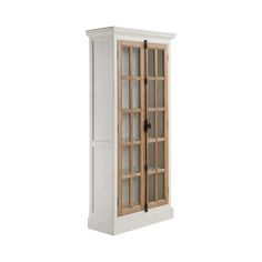 a tall wooden cabinet with glass doors on the top and bottom, against a white background