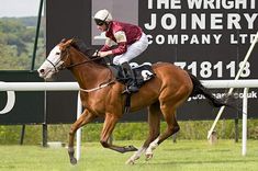 a man riding on the back of a brown horse across a grass covered race track