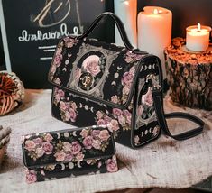 Cottagecore pink rose moon canvas satchel bag, whimsigoth messenger bag, Dark boho witch handbag, Pagan retro gothic purse wallet gift set .:18.94 Oz. Made from high-grade waterproof canvas, durable, water-resistant. .:Two interior pockets for small items one zipper pocket. .:Removable and adjustable black Vegan leather shoulder strap. .:Vegan leather trim. .:Dimensions: 10.63"(L) x 4.13"(W) x 7.87"(H)  5.50 Oz. .:Made from Vegan leather, three fold sections. .:Total 9 card slots, 1 zipper pocke Pink Witch, Cottagecore Pink, Gothic Purse, Boho Witch, Gothic Bag, Clear Card, Leather Satchel Bag, Wallet Gifts, Leather Satchel