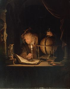 a painting of a woman holding a candle and looking at an open book on a table