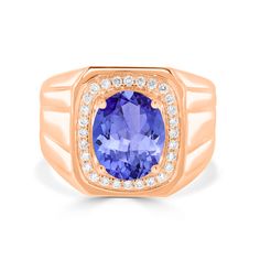 11x9mm Violetish Blue Tanzanite Men's Ring Oval shape 3.9ct with 0.31cttw Diamond. Rose Gold Mens Ring, Blue Tanzanite, Ring Oval, Ring Style, Men's Ring, Blue Gemstones, Men's Rings, Metal Color, Gold Yellow