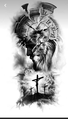 a black and white drawing of a lion with a cross