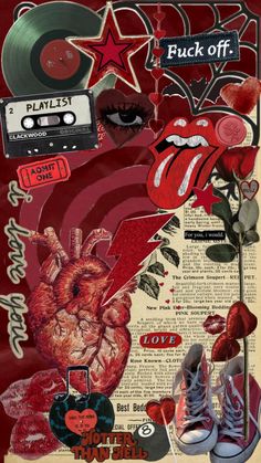 a collage of various items including an old record, heart, and other things