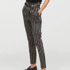 Ankle Length Stripped Pants Paper Bag Cute Work Pants, H&m Trousers, Paper Bag Pants, Chambray Pants, Bag Pants, Ankle Pants Women, Black And White Pants, Houndstooth Pants, Casual Dress Pants