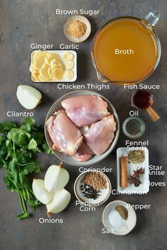 ingredients to make chicken broth laid out on a gray surface with text overlay