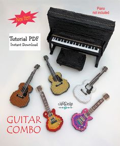 an image of a guitar and piano made out of perler beads with text overlay