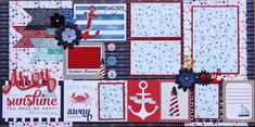 a scrapbook with an assortment of cards and papers on the page, including anchor