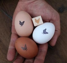 three different colored eggs in the palm of someone's hand with stamp on them