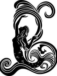 the silhouette of a mermaid is shown in black and white, with waves around it