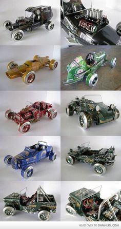 many different model cars are shown together