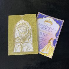 a card with an image of a princess in a gown and the back of it