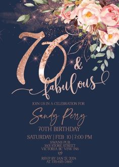 an elegant 70th birthday party with pink roses and gold glitters on the front, navy blue background