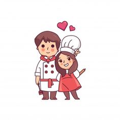 a man and woman are dressed in chef's uniforms with hearts above their heads