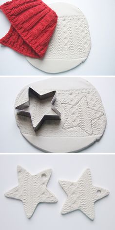 three different pictures of star shaped cookie cutters on top of white plates with red knitted caps