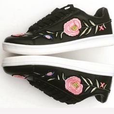 I Named These Beauties Florence. Gorgeous Sneakers With Embroidered Design.These Are Perfect For That Comfortable Yet Feminine Touch. These Will Work With Jeans, Leggings, Dresses, Skirts And Shorts. Get Your Pair Before They Sell Out. #Sneakers #Athleisure Casual Embroidered Sneakers, Embroidered Lace-up Sneakers For Streetwear, Spring Lace-up Sneakers With Embroidered Logo, Casual Sneakers With Floral Embroidery For Spring, Trendy Embroidered Sneakers With Round Toe, Trendy Embroidered Round Toe Sneakers, Casual Floral Embroidered Sneakers For Spring, Casual Lace-up Sneakers With Appliques, Spring Embroidered Flat Sneakers