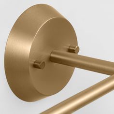 a close up of a gold toilet paper holder on a white wall with two handles