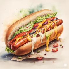 a painting of a hot dog with ketchup, mustard and relish on it