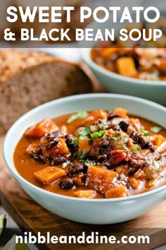 two bowls of chili and sweet potato soup on a cutting board with sliced bread in the background