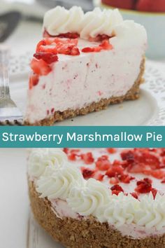 there is a slice of strawberry marshmallow pie on the plate