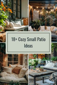 an outdoor patio with couches, tables and lights on it's sides are featured in this collage