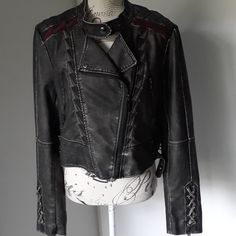 Fantastically Detailed Distressed Faux Leather Jacket In Black. Zipper Front, Snap Collar. 2 Slash Zipper Pockets, 2 Adj Straps At Waist Side. Quilted A Shoulder With Knit Detailing In Front. Cuffs Zipper Has Corset Look On Outside. Back Is Plain With Seams. Fully Lined Star Pattern. Never Worn. Very Soft. Armpit To Armpit Is 21in. Shoulder To Hem Is 20in. Clean Smoke/Animal Free Home. Nwot Size Lg Corset Look, Corset Looks, Faux Leather Biker Jacket, Faux Leather Jacket, Leather Biker Jacket, Star Pattern, Faux Leather Jackets, Star Patterns, Biker Jacket