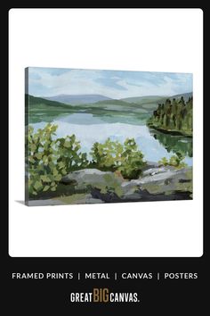 a painting of a lake with trees in the background and text that reads framed prints metal canvas