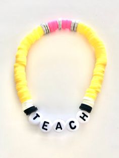 Teacher bracelet great gift for teacher appreciation or end of school year. Personalized Multicolor Bracelets For School, Personalized Adjustable Yellow Friendship Bracelets, Multicolor Adjustable Jewelry For Teacher Appreciation, Personalized Yellow Stretch Bracelet As Gift, Personalized Multicolor Bracelets For Teacher Appreciation, White Letter Beads Bracelet For Teacher Appreciation, Multicolor Adjustable Beaded Bracelets For Teacher Appreciation, Customizable Adjustable Jewelry For School, Adjustable Multicolor Beaded Bracelets For Teacher Appreciation