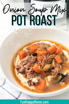 a white bowl filled with stew and carrots next to an instant pot roast recipe