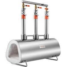 three tubes are attached to the side of a silver tank with orange handles and sides