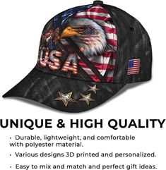 Bald Eagle And Us Flag For Veteran Military Custom Name Baseball Cap, Christian Baseball Cap, Religious Cap, Christian Hat - stylish and versatile baseball cap, the perfect accessory to elevate your look. Crafted with both fashion and function in mind, our baseball cap combines bold design with comfortable wearability. Made from high-quality materials, it offers durability and reliability for all your outdoor activities. Whether you're hitting the streets or enjoying a day in the sun, our baseball cap is the perfect choice to complete your outfit with flair. Product Details: - Design: Our custom all-over print baseball cap adds a bold and stylish touch to any outfit, featuring vibrant prints for a unique look. - Construction: Structured with a 5-panel mid-profile design, it offers a seamle Jesus Gift, Christian Hats, Jesus Gifts, Hat Collection, Timeless Accessories, Us Flag, Outdoor Activity, Profile Design, Custom Hats