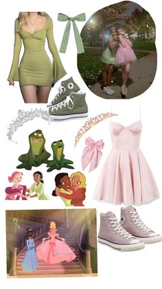 the princess and frog costume is shown with shoes, dresses, and other things to wear