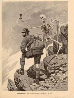 an old drawing of two men with skeletons on their backs walking up a rocky hill