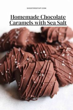 homemade chocolate caramels with sea salt on a white background and text overlay that reads homemade chocolate caramels with sea salt