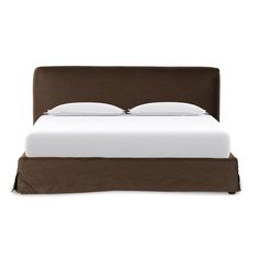 a bed with a brown headboard and white sheets on it's sides, in front of a white background