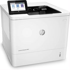 the hp laser printer is white and has a black tablet on it's side