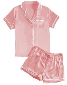 PRICES MAY VARY. Fabric: This satin 2piece pajamas set is made from high-quality satin, it's smooth, breathable and lightweight very comfortable for year round wear. Features: The silk sleepwear designed classic notch neck button front shirt top with chest pocket. And the short has comfy elastic waistband and adjustable drawstring and the loose fit and cozy style with beautiful detail that you can style from day to night. Unique design: Casual pajamas set is necessary for your around the house o Pijamas Women, Bridesmaid Pjs, Satin Pj Set, Pyjama Satin, Cute Pajama Sets, Satin Short, Short Pj Set, Satin Pyjama Set, Satin Pajamas