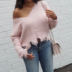 Pink Sweater With Distressed Finish Casual Spring Sweater With Frayed Hem, Casual Sweater With Frayed Hem For Spring, Casual Ripped Winter Sweater, Casual Ripped Sweater For Winter, Casual Ripped Sweater For Fall, Distressed Sweater, Mock Neck Sweatshirt, Crop Top Hoodie, Tie Dye Hoodie