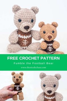 two crocheted teddy bears sitting next to each other with the text free crochet pattern