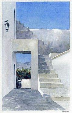 a watercolor painting of stairs leading up to a building with flowers in the window