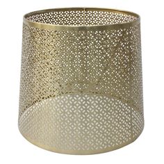 a gold metal lamp shade with lattice design on the bottom and sides, hanging from a ceiling