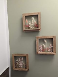 three wooden frames with pressed flowers in them hanging on the wall next to a toilet