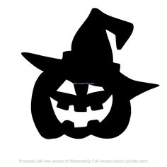 a black and white silhouette of a pumpkin wearing a witches hat