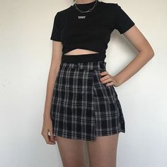 kfashion T-shirt + Plaid Skirt Two-piece Suit yv40551 Winter Business Outfits, Black Plaid Skirt, Plaid Skirt Outfit, Rock Outfit, K Fashion, Miniskirt Outfits, Mode Inspo, Plaid Skirt, Grunge Style