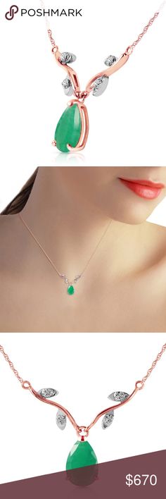 14K. GOLD NECKLACE WITH NATURAL DIAMONDS & EMERALD Item: 4273  Description 14K. GOLD NECKLACE WITH NATURAL DIAMONDS & EMERALD (Rose Gold) Comes with 18" long, 0.68 mm thickness double link Rope Chain. Item Information Metal: 14K. Solid Gold Metal Weight: 1.80 gr. Diamonds 4 Round cut, K-M color, SI-1 clarity = 0.02 ct Gemstones 1 Pear shape, 9X6 mm, Emerald = 1.00 ct Measurements Height: 0.87 in ( 22.1 mm) Length: 19 in ( 482.6 mm) Galaxy Gold Products Jewelry Necklaces Elegant Pear-shaped Rose Gold Necklace, Elegant Rose Gold Pear-shaped Necklace, Rose Gold Teardrop Necklace Fine Jewelry, Pear-shaped Rose Gold Necklace For Formal Occasions, Fine Jewelry Rose Gold Pear-shaped Necklace, Rose Gold Gemstone Necklaces For Party, Fine Jewelry Pear-shaped Rose Gold Necklace, Rose Gold Gemstone Necklace For Party, Rose Gold Pear-shaped Fine Jewelry Necklace