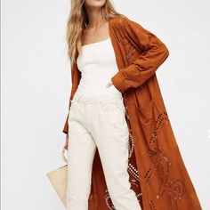 Free People Suede Maxi Duster Coat Rust-Brown Mallorca Laser Cut Paisley Super Soft Unlined Slouchy Easy Fit Coat/Layering Piece New Without Tags * Size: Small Retail Price: $700.00 Suede * There Is A Line Through The Tag To Prevent Store Return 42" Around The Bust 48" Long Long Brown Suede Jacket Outfit, Brown Long Cardigan For Spring, Chic Brown Open Front Outerwear, Brown Open Front Summer Outerwear, Long Brown Spring Outerwear, Elegant Brown Outerwear For Day Out, Brown Long Outerwear For Spring, Long Brown Outerwear For Spring, Fitted Brown Summer Outerwear